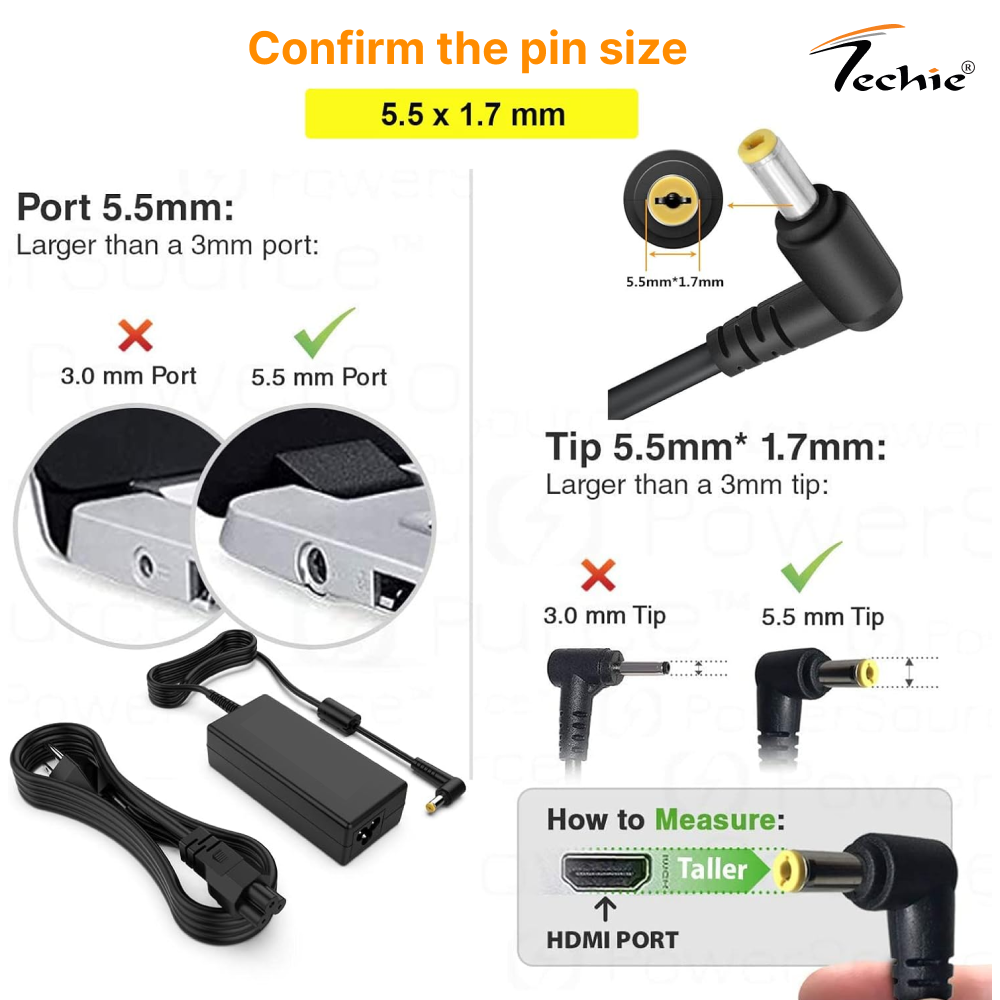 Techie 45W Laptop Charger for Acer Aspire 3 A315, A317, Aspire V3, Extensa EX215, TravelMate P259 Series (19V, 2.37A) | 5.5 × 1.7 mm Pin