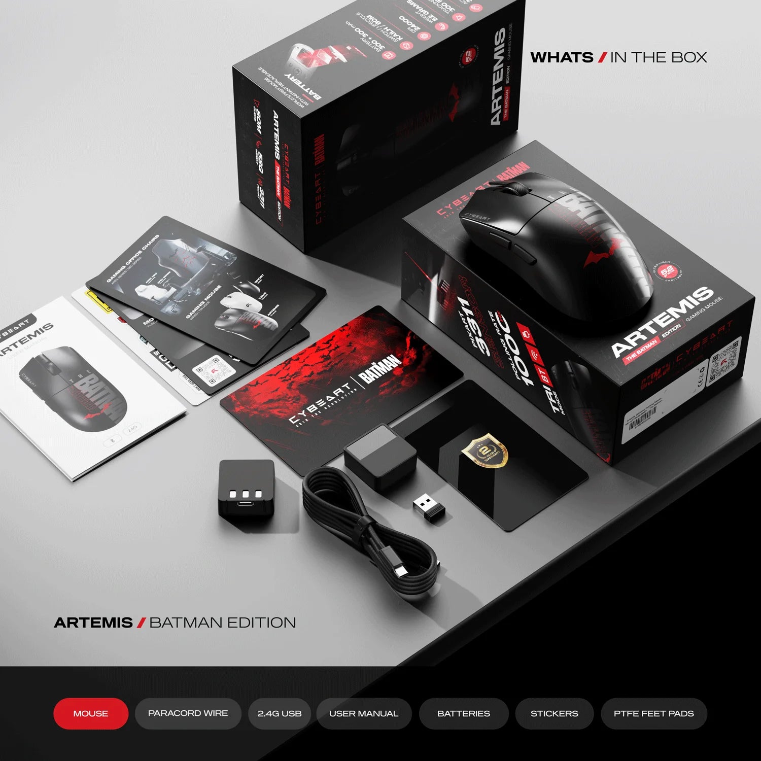 CYBEART | Artemis – Batman Edition - 1K 52g Ultra-light Hot-Swap Battery Tri-Mode Wireless Gaming Mouse