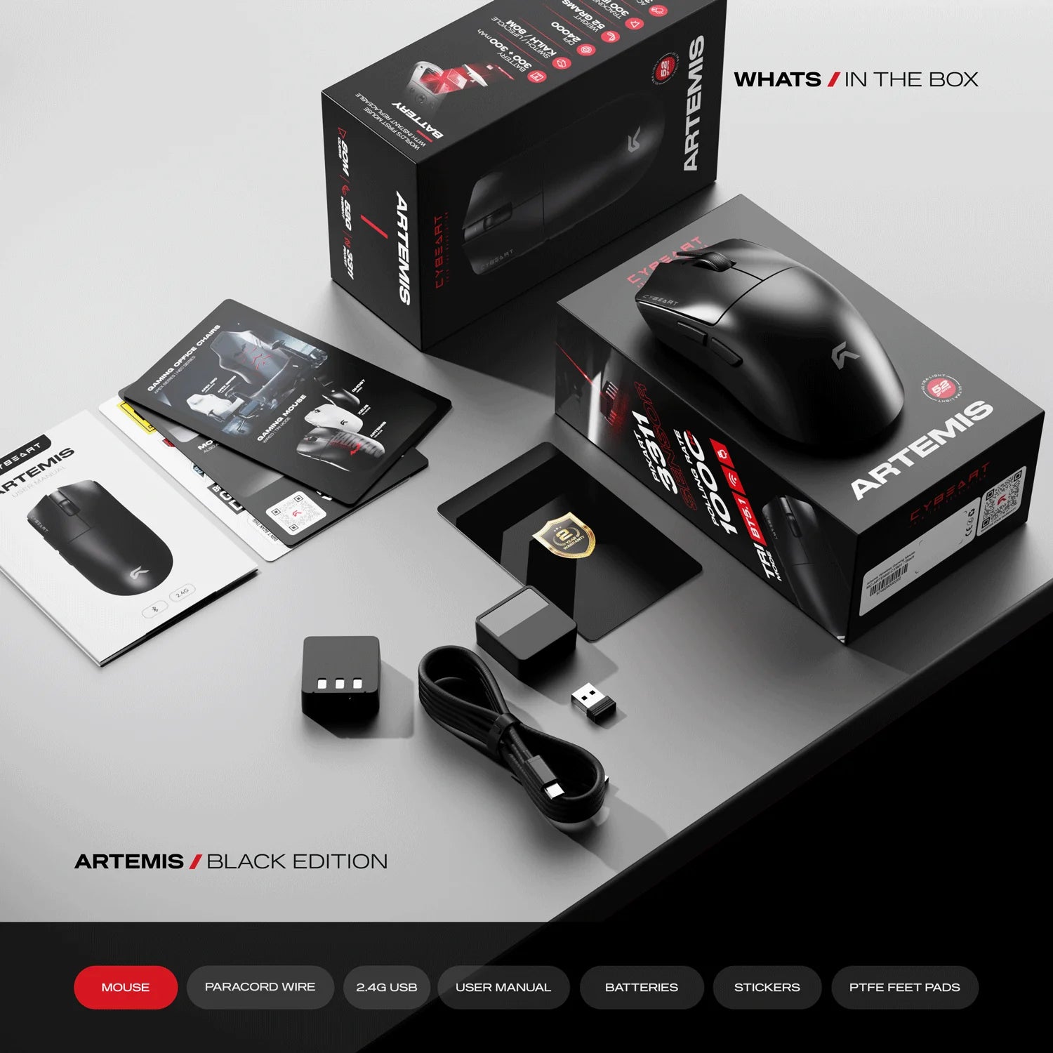 CYBEART | Artemis - 1K 52g Ultra-light Hot-Swap Battery Tri-Mode Wireless Gaming Mouse - Black