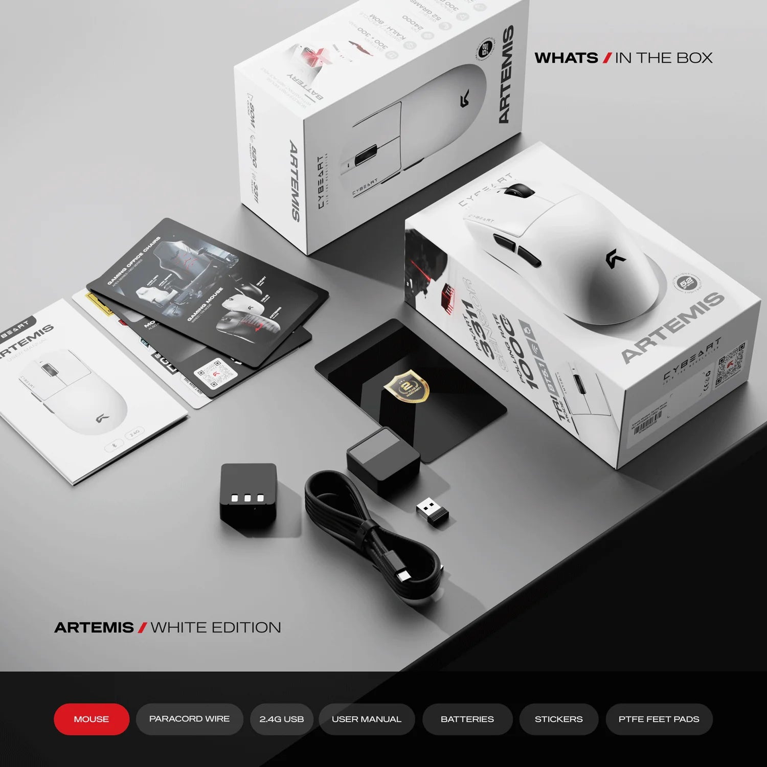 CYBEART | Artemis - 1K 52g Ultra-light Hot-Swap Battery Tri-Mode Wireless Gaming Mouse - White