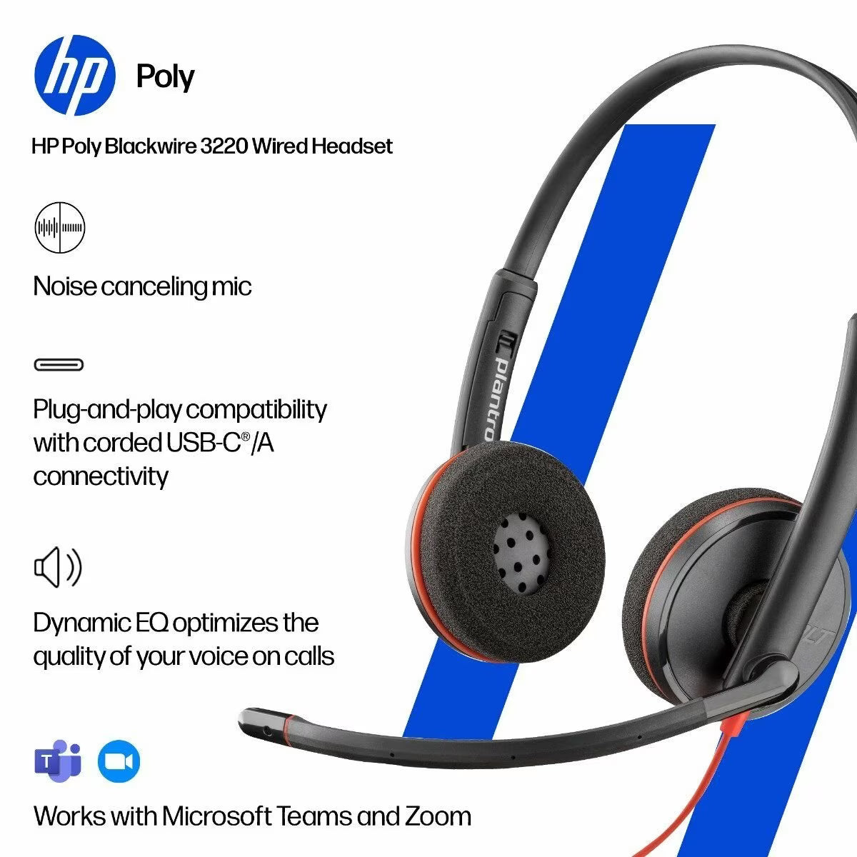 Poly Blackwire 3220 Stereo USB-C Headset with USB-A Adapter | Noise-Cancelling Mic