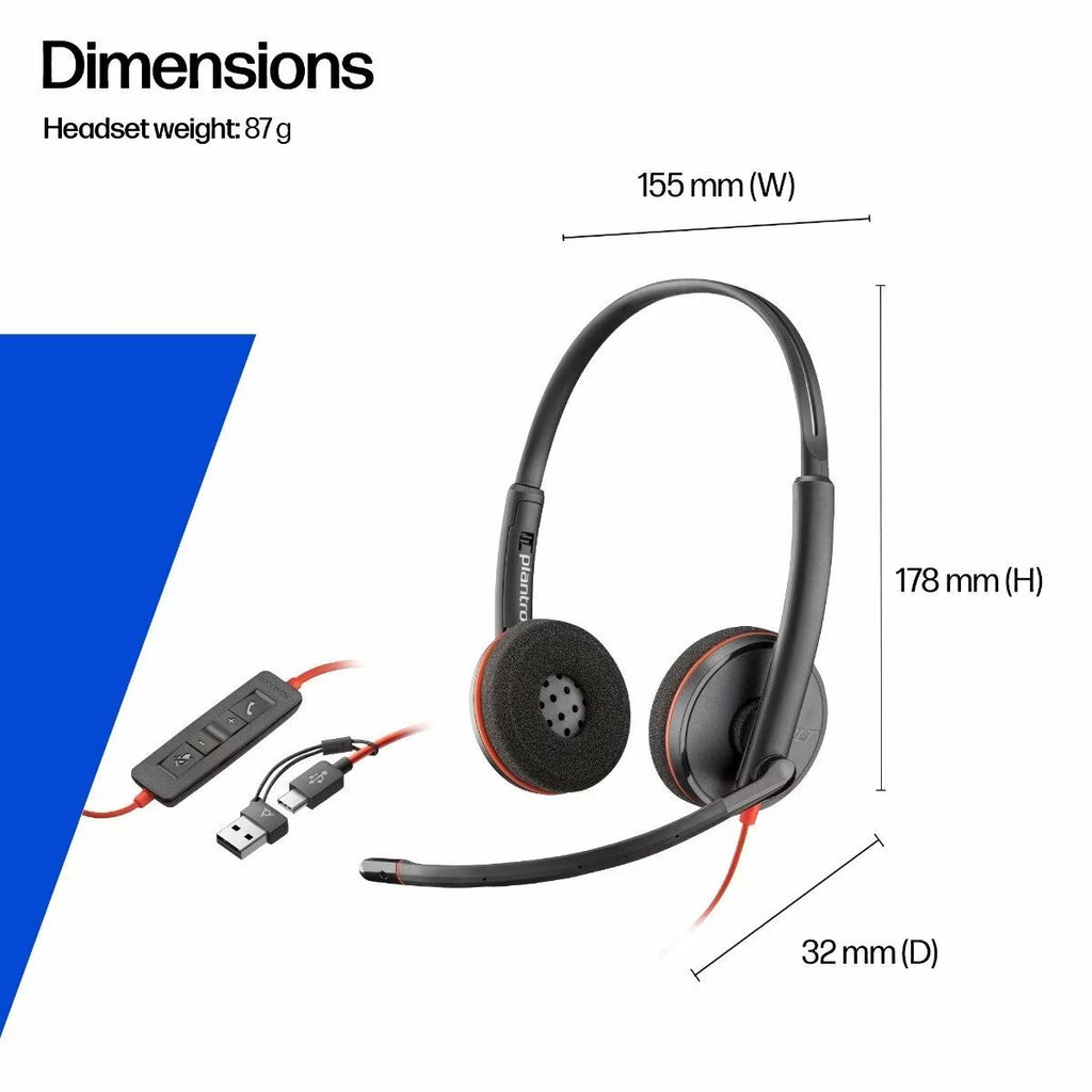 Poly Blackwire 3220 Stereo USB-C Headset with USB-A Adapter | Noise-Cancelling Mic